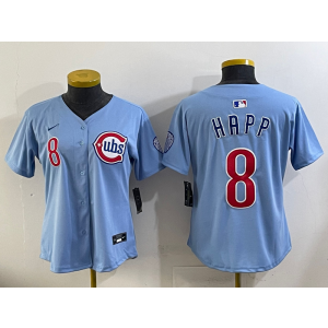 MLB Cubs 8 Ian Happ Light Blue Nike Cool Base Women Jersey