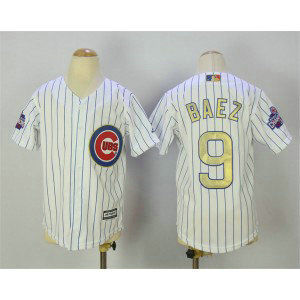 MLB Cubs 9 Baze White World Series Champions Gold Program Cool Base Youth Jersey