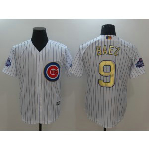 MLB Cubs 9 Javier Baez White World Series Champions Gold Program Cool Base Men Jersey