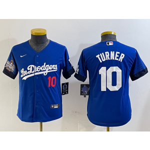 MLB Dodgers 10 Justin Turner Blue City 2024 World Series Nike Cool Base Youth Jersey