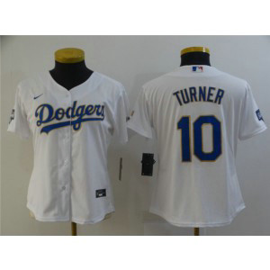 MLB Dodgers 10 Justin Turner White Gold Championship Cool Base Women Jersey(Run Small)
