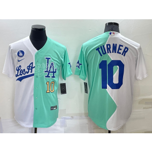MLB Dodgers 10 Justin Turner White Green Gold Nike Cool Base Split Men Jersey