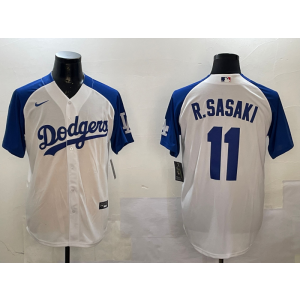 MLB Dodgers 11 R.Sasaki White Blue Nike Cool Base Men Jersey
