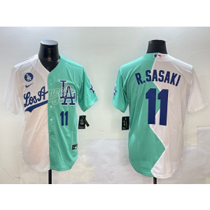 MLB Dodgers 11 R.Sasaki White Green Split Nike Cool Base Men Jersey