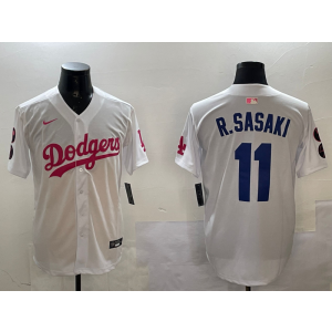 MLB Dodgers 11 R.Sasaki White Pink Nike Cool Base Men Jersey