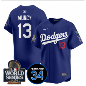 MLB Dodgers 13 Max Muncy Blue 2024 World Series Nike Cool Base Men Jersey with 34 Patch