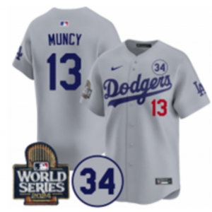 MLB Dodgers 13 Max Muncy Gray 2024 World Series Nike Cool Base Men Jersey with 34 Patch