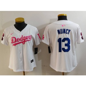 MLB Dodgers 13 Max Muncy White Pink Nike Cool Base Women Jersey