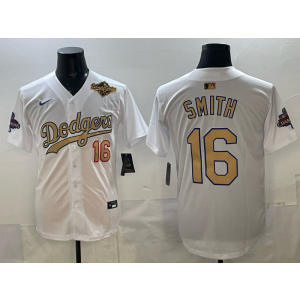 MLB Dodgers 16 Smith White Gold 2025 World Series Champion Nike Cool Base Men Jersey