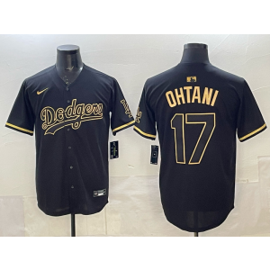 MLB Dodgers 17 Ohtain Black Gold Nike Cool Base Men Jersey