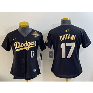 MLB Dodgers 17 Ohtani Black Gold 2025 World Series Champion Nike Cool Base Women Jersey