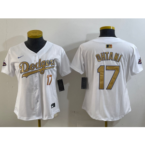 MLB Dodgers 17 Shohei Ohtani 2025 White Gold Collection Nike Cool Base Women Jersey