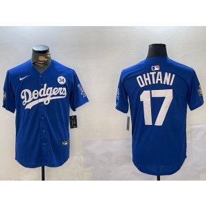 MLB Dodgers 17 Shohei Ohtani Blue 2024 World Series Champion Nike Cool Base Men Jersey with 34 Patch
