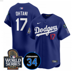 MLB Dodgers 17 Shohei Ohtani Blue 2024 World Series Nike Cool Base Men Jersey with 34 Patch