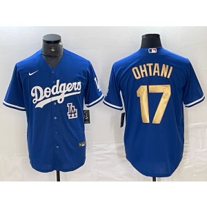 MLB Dodgers 17 Shohei Ohtani Blue Gold Nike Cool Base Men Jersey