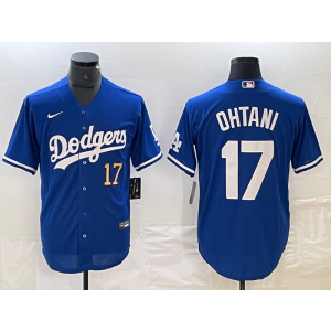 MLB Dodgers 17 Shohei Ohtani Blue Gold Nike Cool Base Men Jersey
