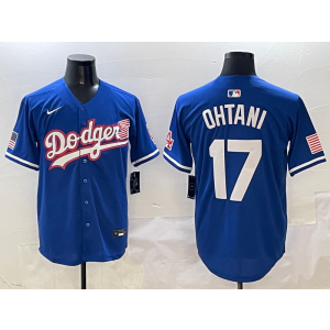 MLB Dodgers 17 Shohei Ohtani Blue USA Flag Nike Cool Base Men Jersey