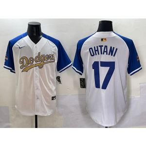 MLB Dodgers 17 Shohei Ohtani Blue White Gold Champion Nike Cool Base Men Jersey