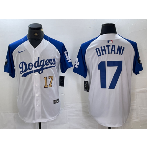 MLB Dodgers 17 Shohei Ohtani Blue White Gold Nike Cool Base Men Jersey