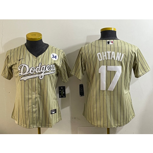 MLB Dodgers 17 Shohei Ohtani Cream Nike Cool Base Women Jersey with 34 Patch