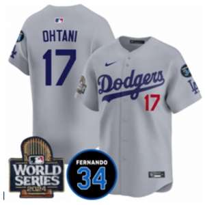 MLB Dodgers 17 Shohei Ohtani Gray 2024 World Series Nike Cool Base Men Jersey with 34 Patch