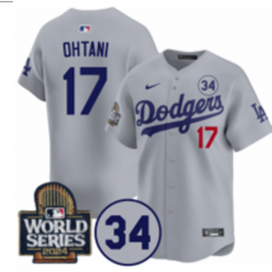 MLB Dodgers 17 Shohei Ohtani Grey 2024 World Series Nike Cool Base Men Jersey with 34 Patch