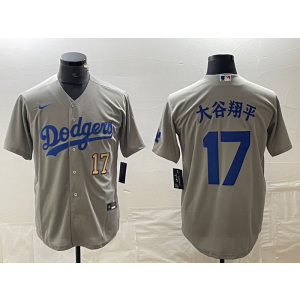 MLB Dodgers 17 Shohei Ohtani Grey Gold Nike Cool Base Men Jersey