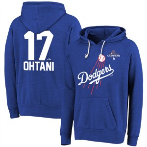 MLB Dodgers 17 Shohei Ohtani Royal 2024 World Series Champions Name & Number Tri-Blend Pullover Hoodie