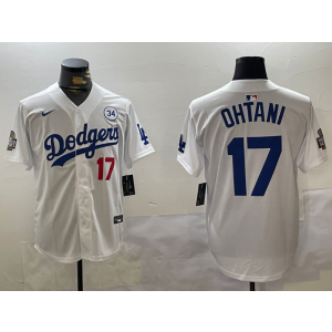 MLB Dodgers 17 Shohei Ohtani White 2024 World Series Nike Cool Base Men Jersey with 34 Patch