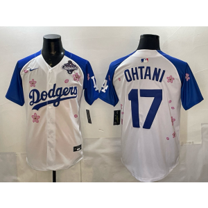 MLB Dodgers 17 Shohei Ohtani White Blue 2025 World Series Champion Nike Cool Base Men Jersey