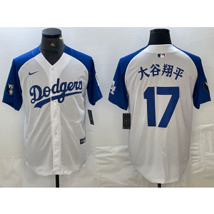 MLB Dodgers 17 Shohei Ohtani White Blue Nike Cool Base Men Jersey