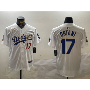 MLB Dodgers 17 Shohei Ohtani White Gold 2024 World Series Nike Cool Base Men Jersey