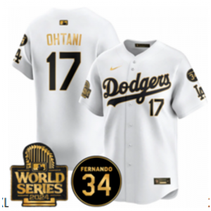 MLB Dodgers 17 Shohei Ohtani White Gold 2024 World Series Nike Cool Base Men Jersey with 34 Patch