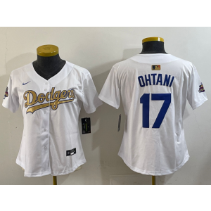 MLB Dodgers 17 Shohei Ohtani White Gold Champions Nike Cool Base Women Jersey