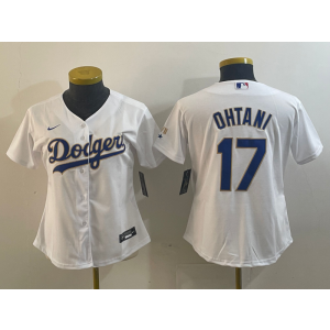 MLB Dodgers 17 Shohei Ohtani White Gold Nike Cool Base Women Jersey