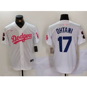 MLB Dodgers 17 Shohei Ohtani White Pink Nike Cool Base Men Jersey