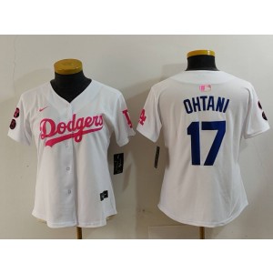 MLB Dodgers 17 Shohei Ohtani White Pink Nike Cool Base Women Jersey