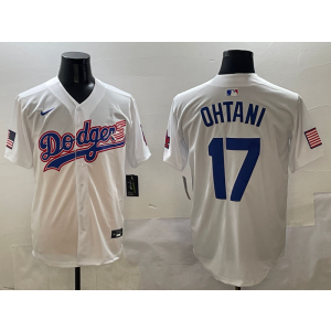 MLB Dodgers 17 Shohei Ohtani White USA Flag Nike Cool Base Men Jersey