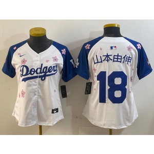 MLB Dodgers 18 山本由伸 White Blue 2025 Tokyo Series Nike Cool Base Women Jersey