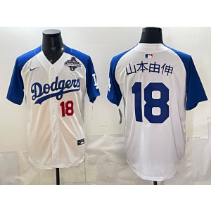 MLB Dodgers 18 山本由伸 White Blue 2025 World Series Champion Nike Cool Base Men Jersey