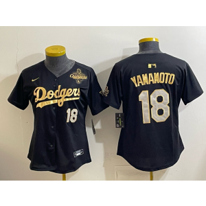 MLB Dodgers 18 Yamamoto Black Gold 2025 World Series Champion Nike Cool Base Youth Jersey