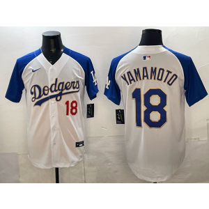 MLB Dodgers 18 Yamamoto Blue Gold White Nike Cool Base Men Jersey