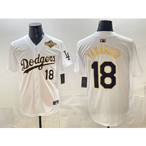 MLB Dodgers 18 Yamamoto White Black 2025 World Series Nike Cool Base Men Jersey