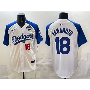 MLB Dodgers 18 Yamamoto White Blue 2025 World Series Champion Nike Cool Base Men Jersey