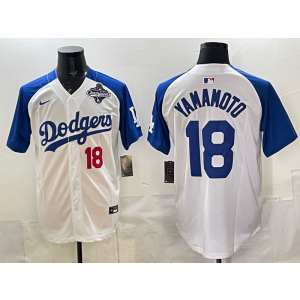 MLB Dodgers 18 Yamamoto White Blue 2025 World Series Champion Nike Cool Base Men Jersey