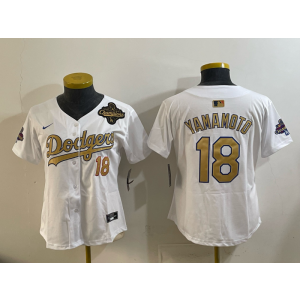 MLB Dodgers 18 Yamamoto White Glold 2025 World Series Champion Nike Cool Base Women Jersey