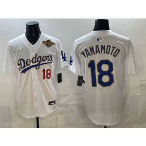 MLB Dodgers 18 Yamamoto White Gold 2025 World Series Nike Cool Base Men Jersey