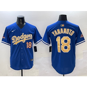 MLB Dodgers 18 Yoshinobu Yamamoto 2025 Blue Gold Collection Nike Cool Base Men Jersey