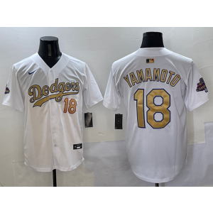 MLB Dodgers 18 Yoshinobu Yamamoto 2025 White Gold Collection Nike Cool Base Men Jersey