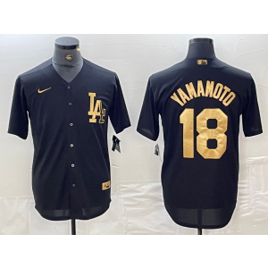 MLB Dodgers 18 Yoshinobu Yamamoto Black Gold Nike Cool Base Men Jersey